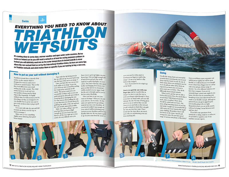 Double page spread of magazine Triathlon Racing Ireland designed & printed by Outburst design