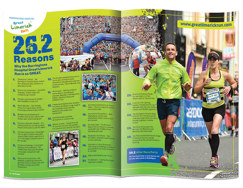 Double page spread of magazine Irish Runner designed & printed by Outburst design